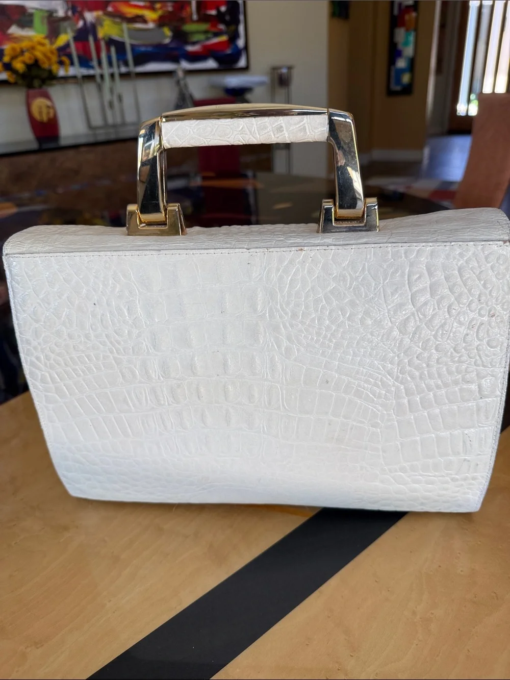 Elke Sommer Leather Classic Cream Croc-Embossed Top-Handle Collectable Bag